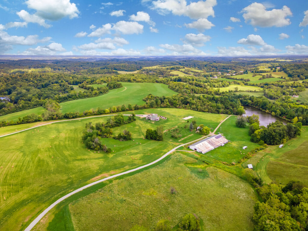 aerial view of custom home on rolling Ohio farmland