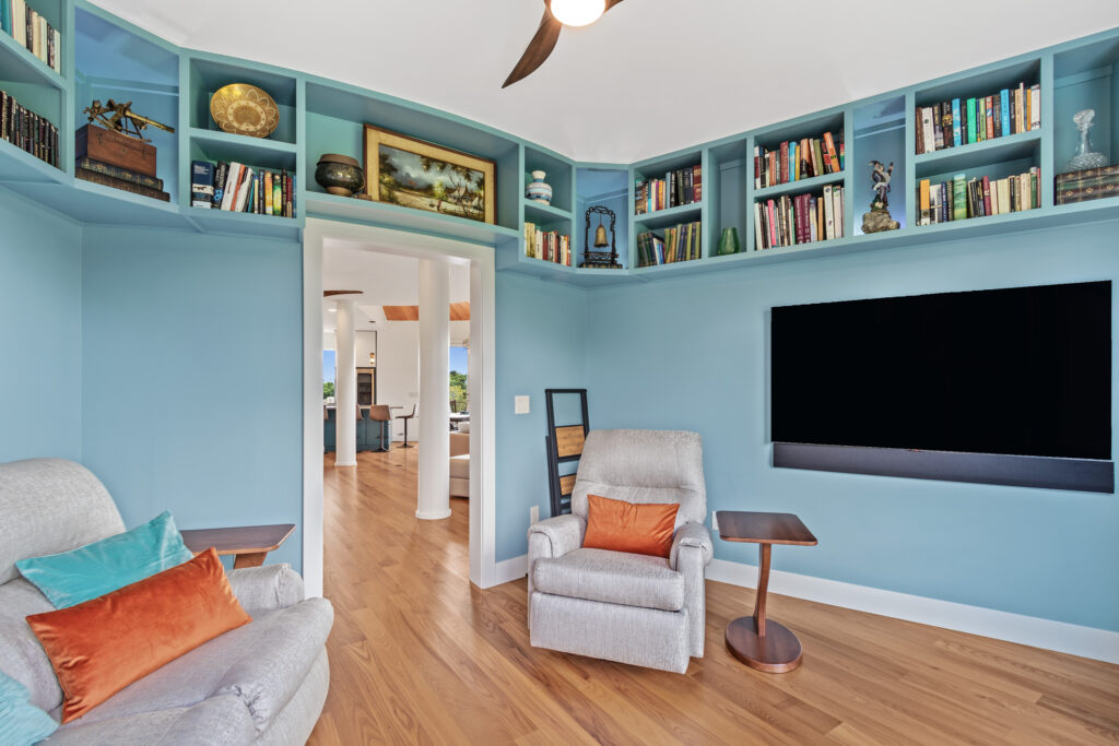 home office curved built-in shelving