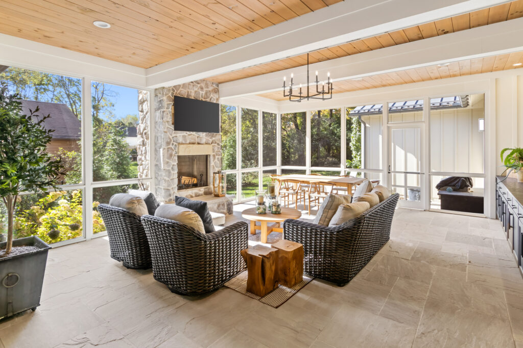 screened porch tile floor custom home