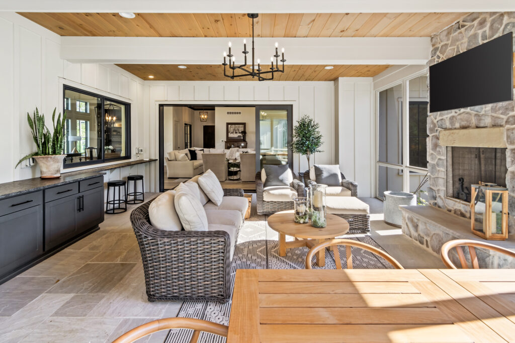 screened porch board ceiling custom home